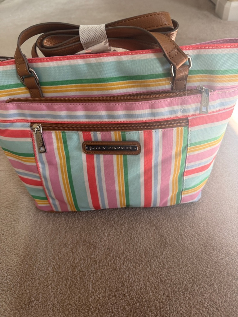 Lily Bloom Multicolor Striped Tote with Brown Handles